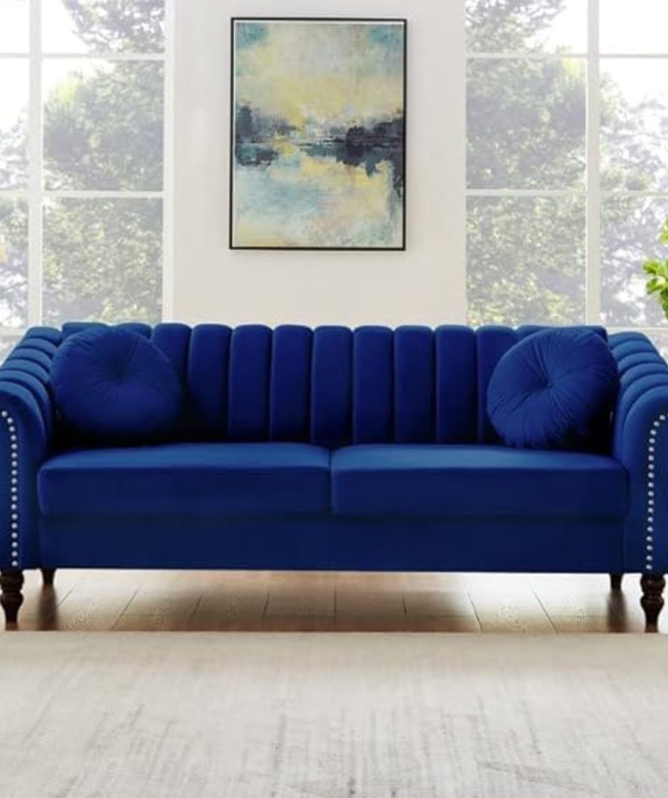 Luxurious & Traditional 3 Seater Hand Made Tufted Chesterfield Sofa & Wooden Leg Velvet for Sofa (Blue) - Image 2
