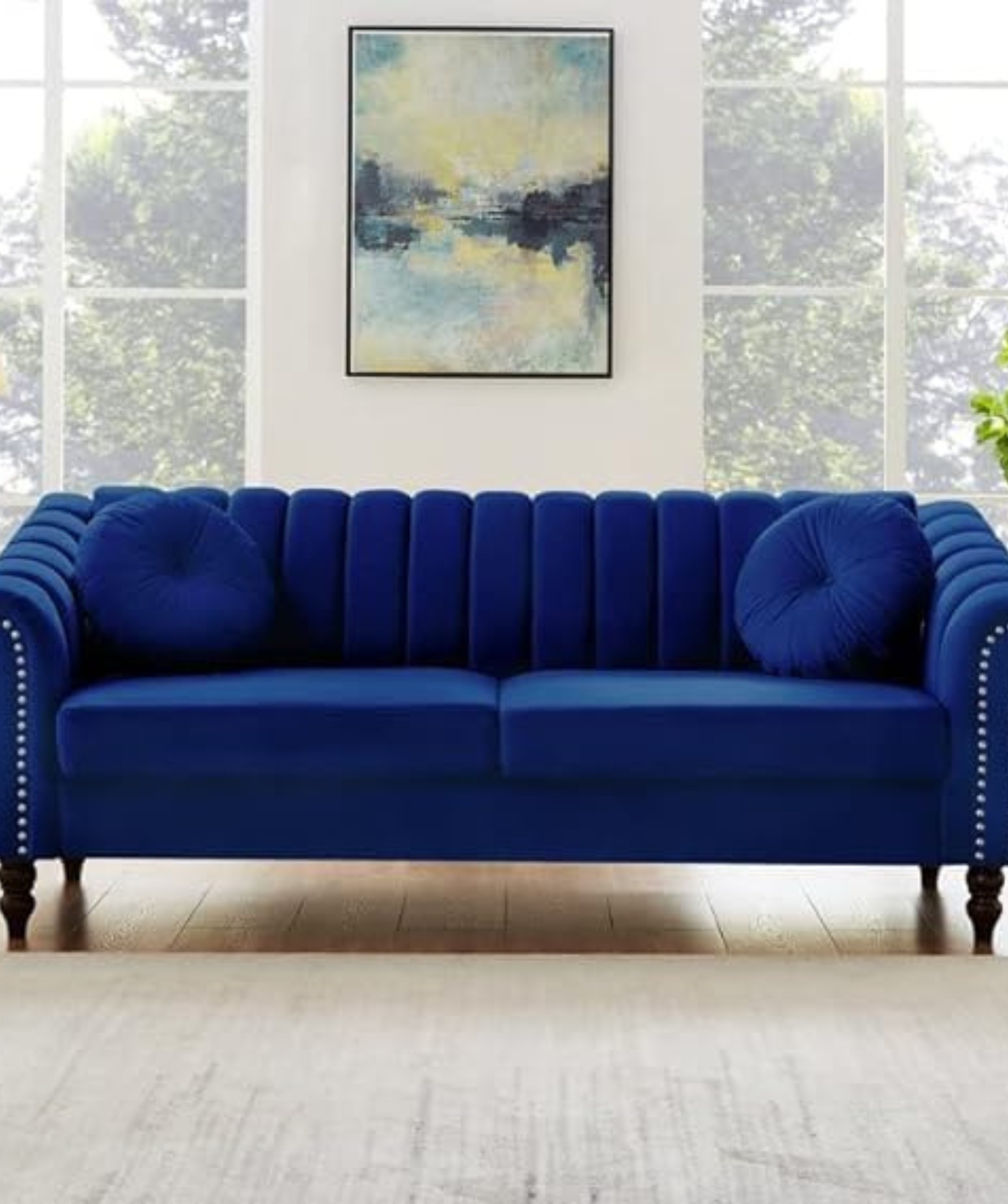Luxurious & Traditional 3 Seater Hand Made Tufted Chesterfield Sofa & Wooden Leg Velvet for Sofa (Blue) - Image 2