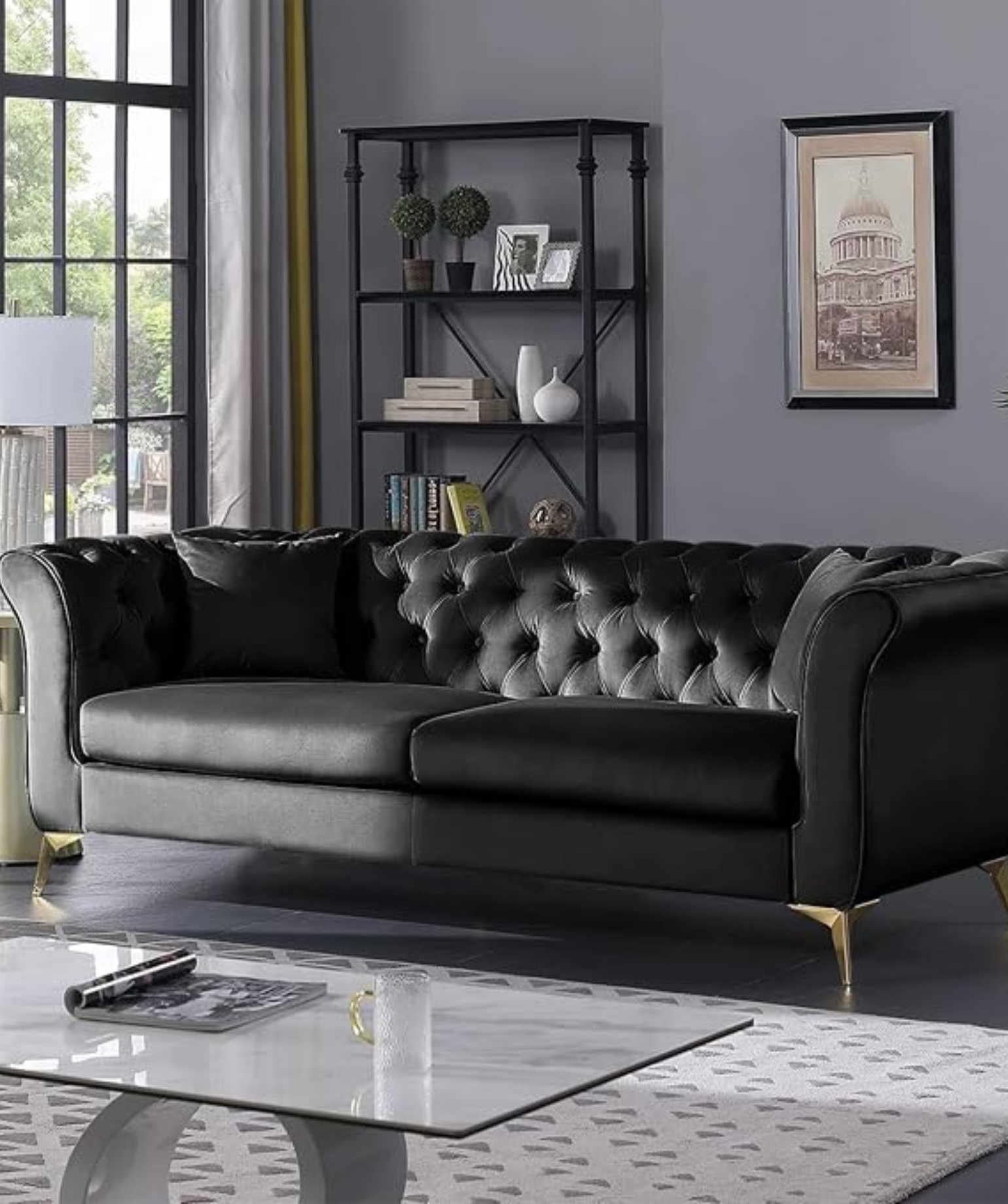 Modern Velvet Couch 3 -Seater Chesterfield Sleeper Sofa (Black) - Image 2