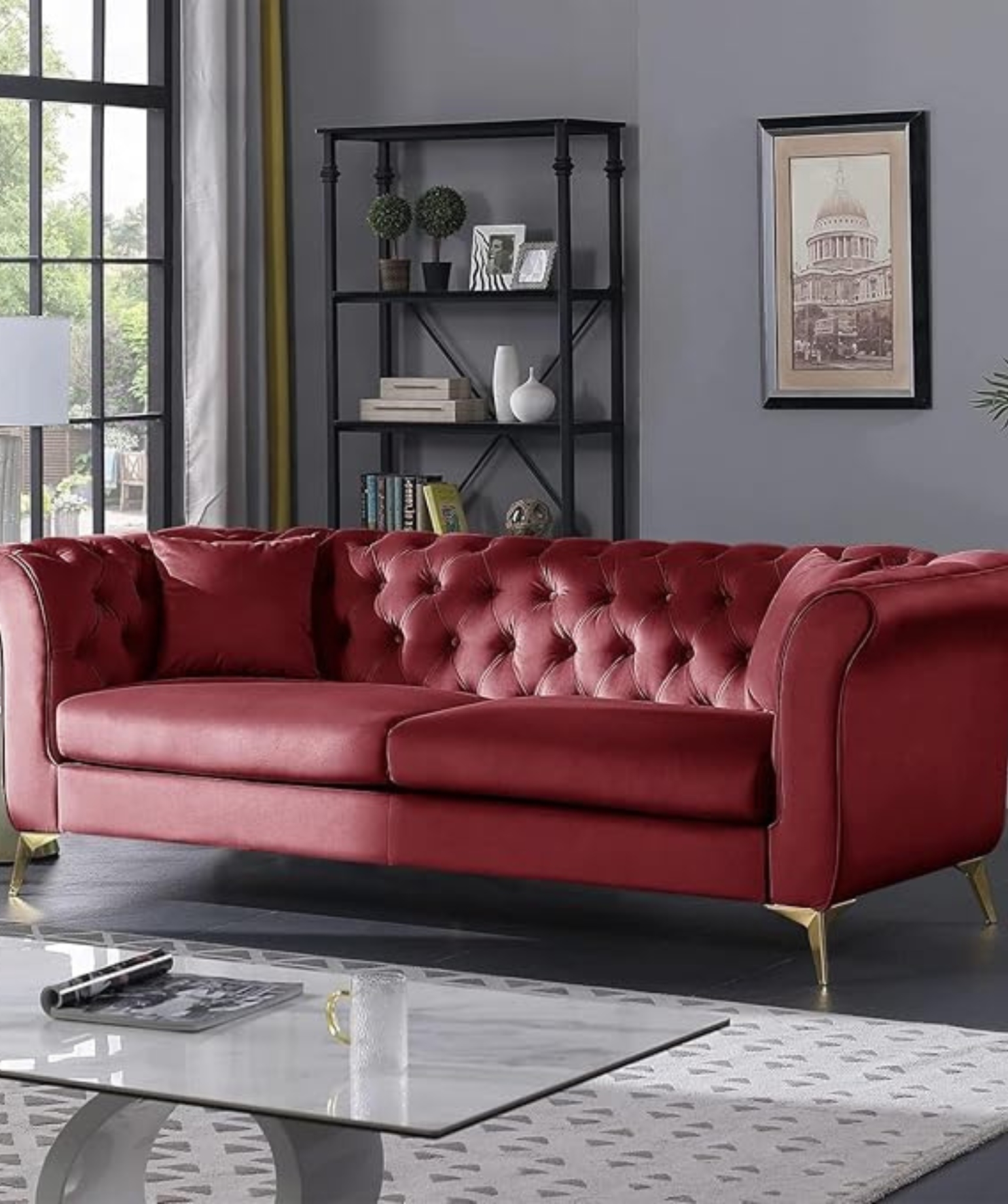 Modern Velvet Couch 3 -Seater Chesterfield Sleeper Sofa (Pink) - Image 2