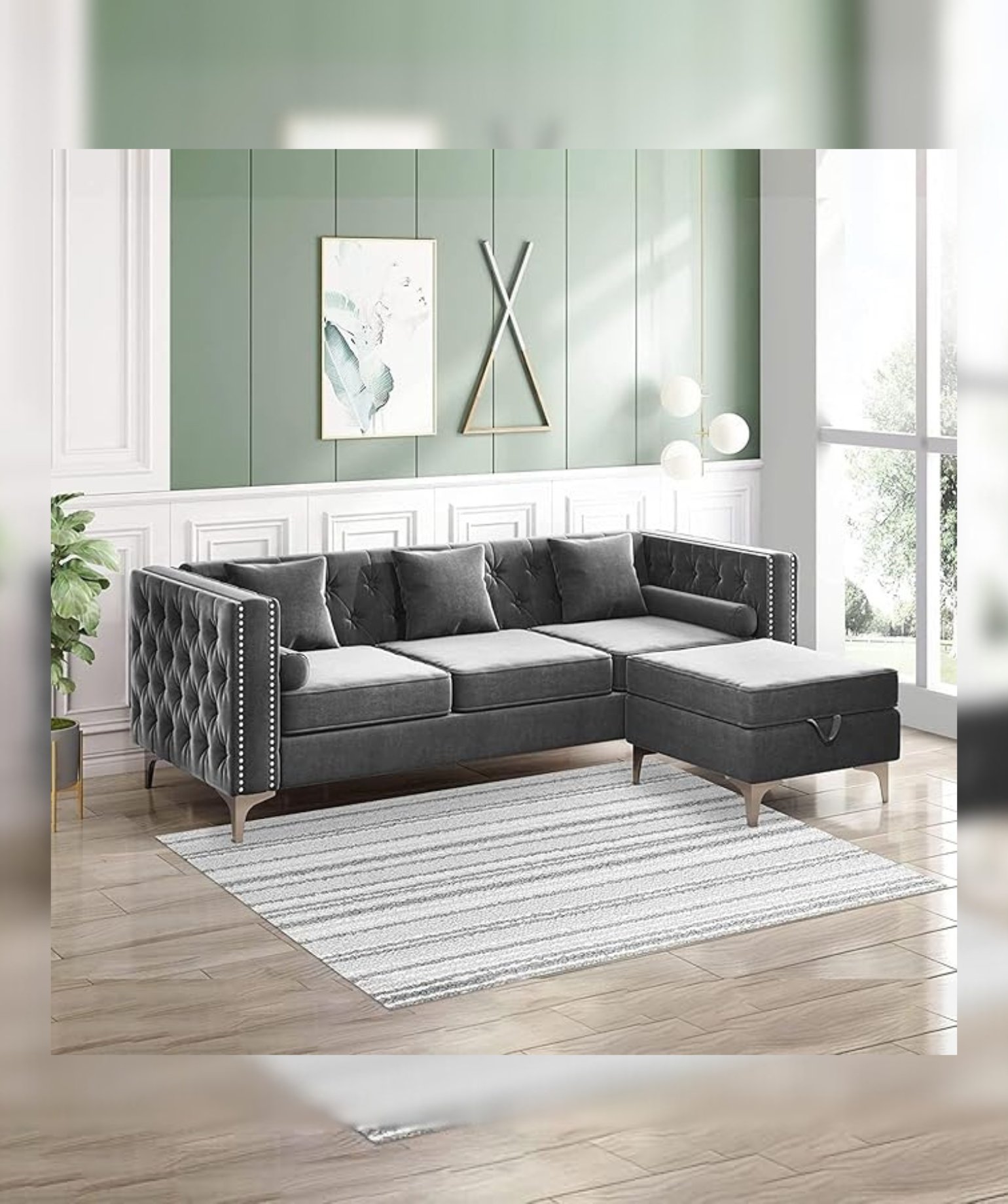 Wooden 3 Seater Chesterfield Sofa (Greyy) - Image 2