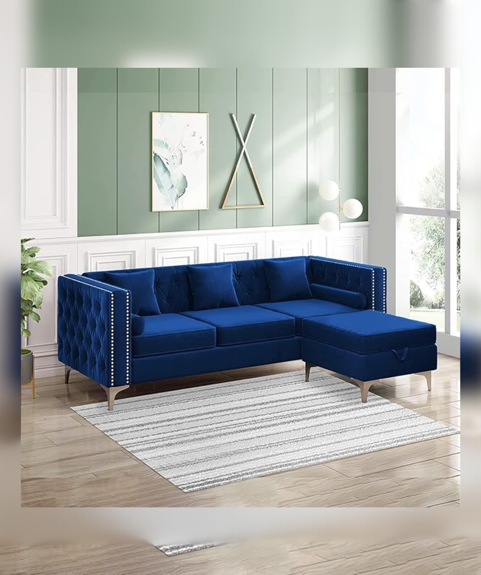 Wooden 3 Seater Chesterfield Sofa (Blue) - Image 3