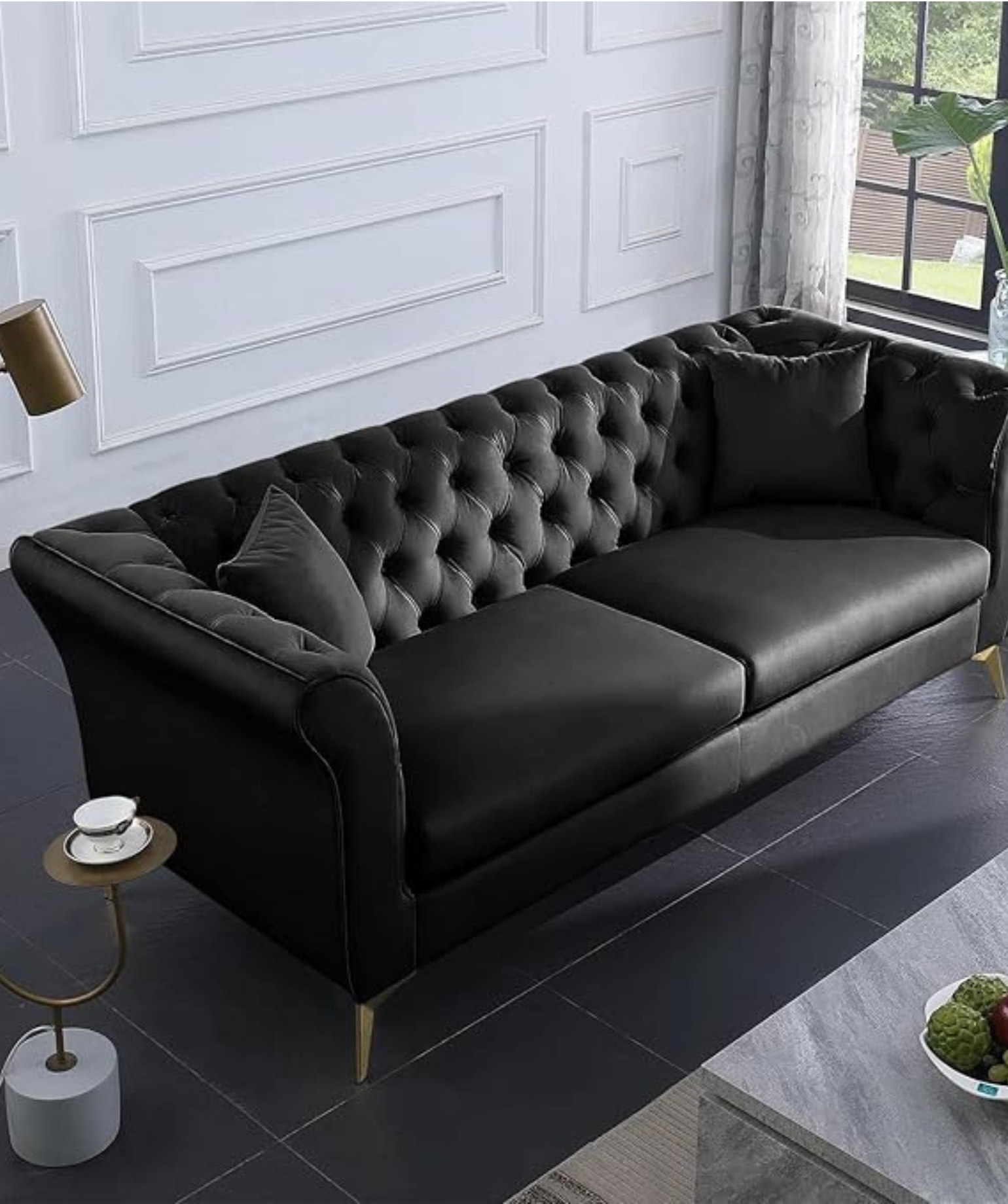 Modern Velvet Couch 3 -Seater Chesterfield Sleeper Sofa (Black) - Image 3