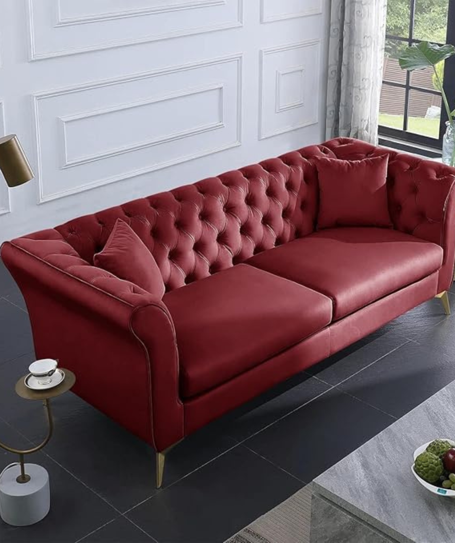 Modern Velvet Couch 3 -Seater Chesterfield Sleeper Sofa (Pink) - Image 4