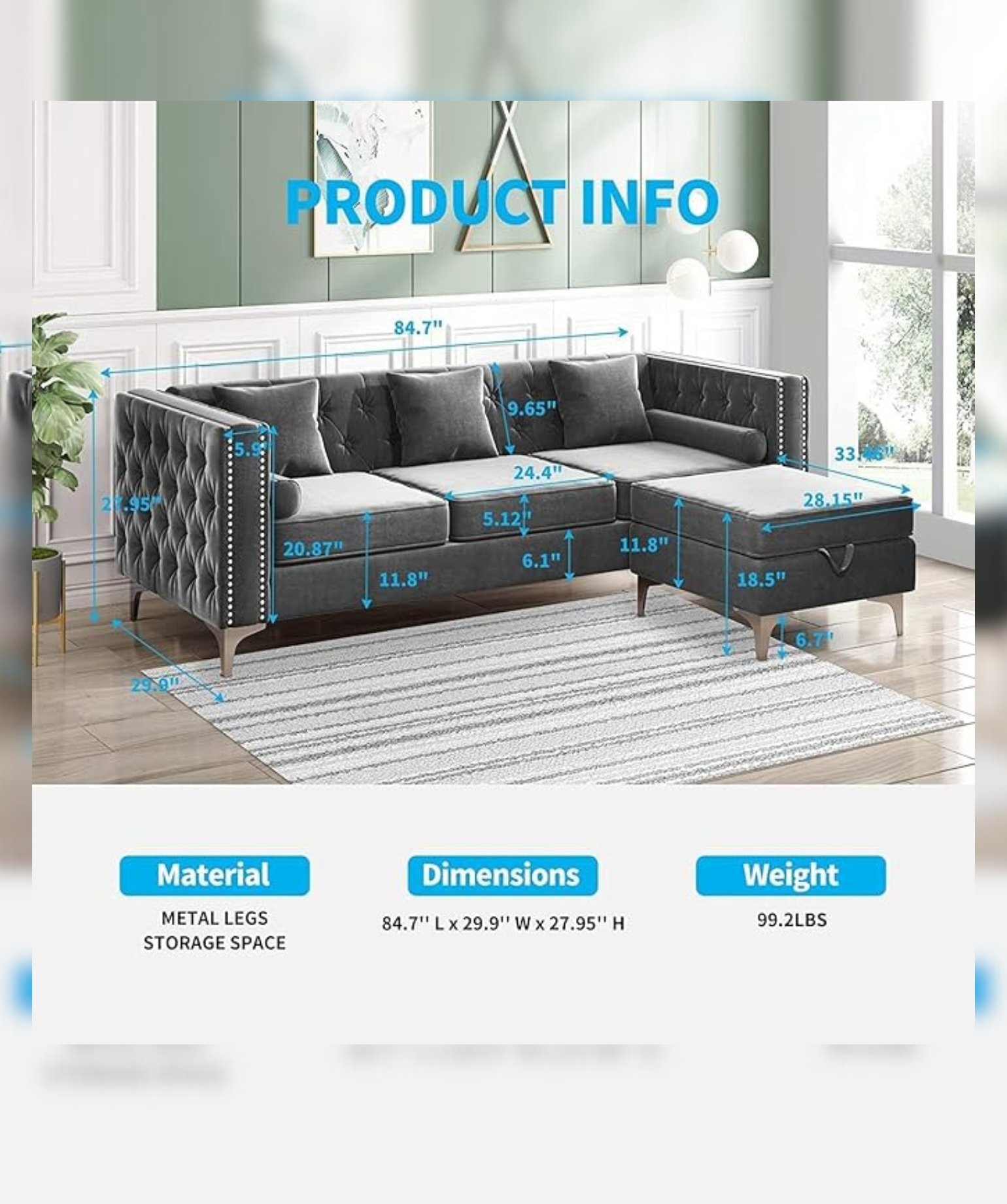 Wooden 3 Seater Chesterfield Sofa (Greyy) - Image 3