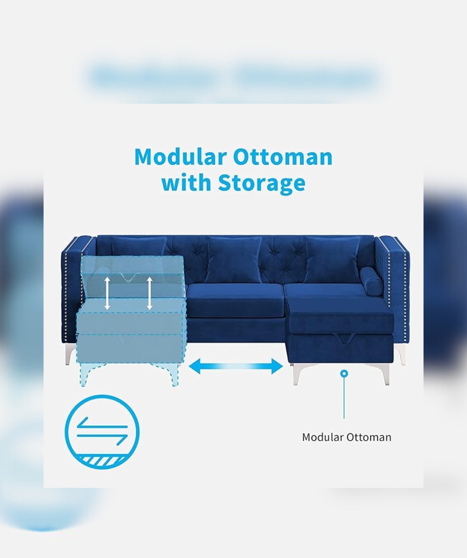 Wooden 3 Seater Chesterfield Sofa (Blue) - Image 4