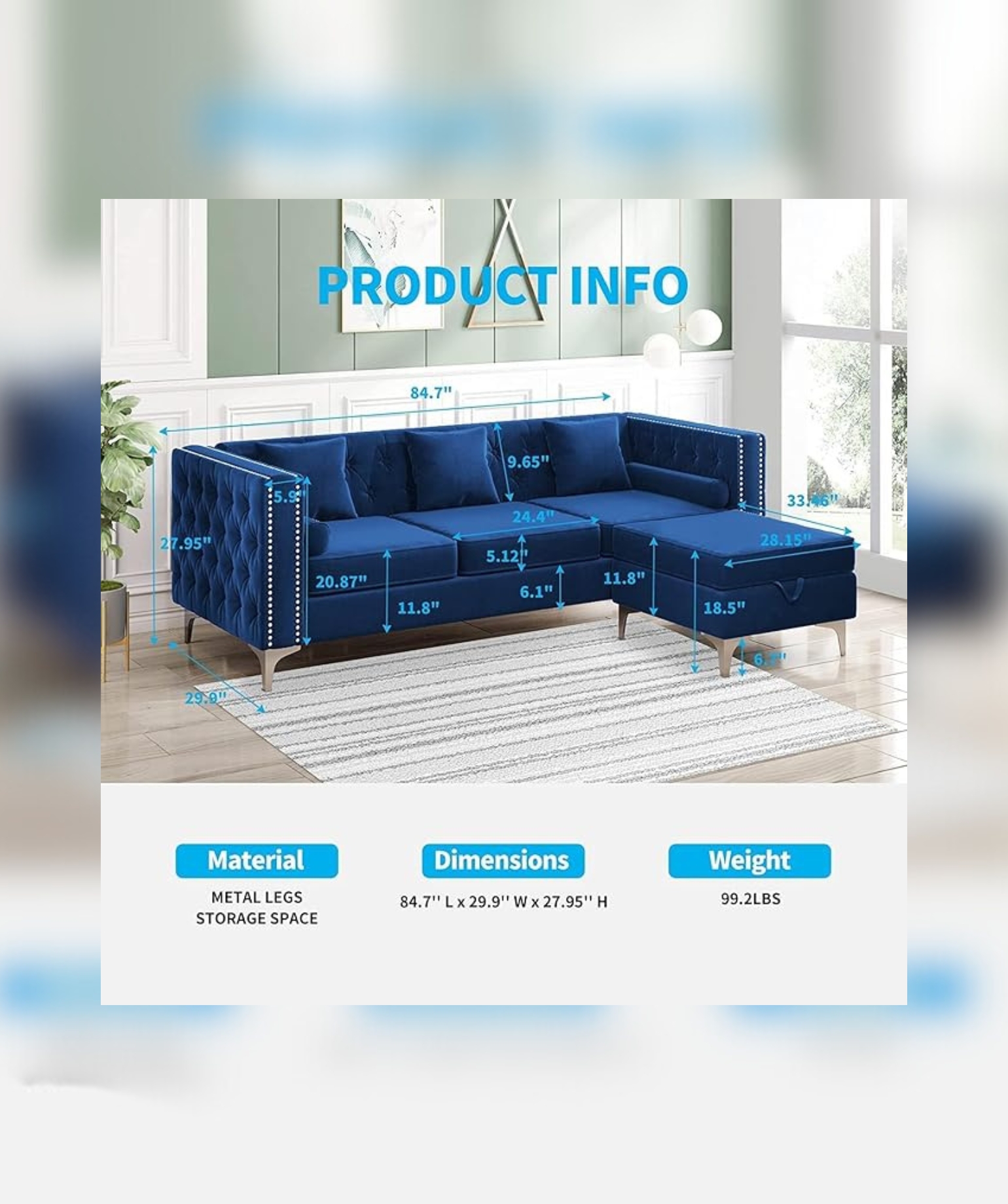 Wooden 3 Seater Chesterfield Sofa (Blue) - Image 2