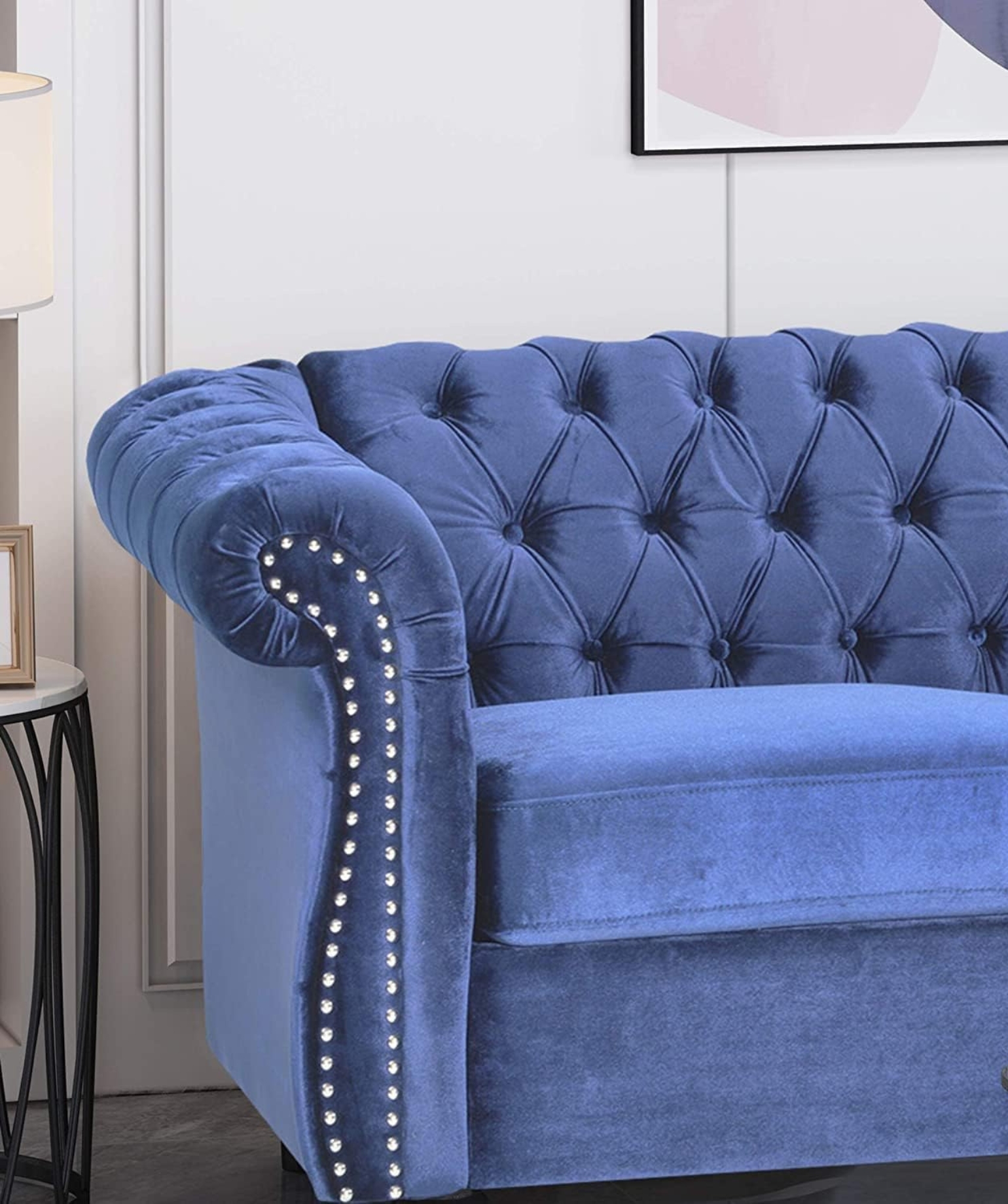 Modern & Classic 3 Seater Fabric & Valvet Tufted Chesterfield Sofa (Light Blue) - Image 5