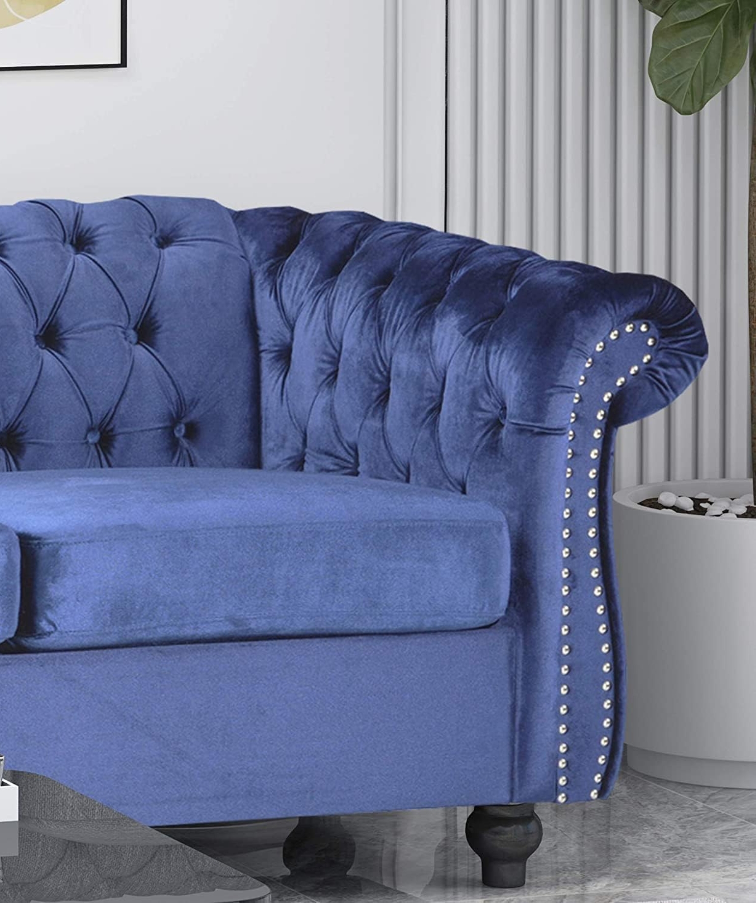 Modern & Classic 3 Seater Fabric & Valvet Tufted Chesterfield Sofa (Light Blue) - Image 6