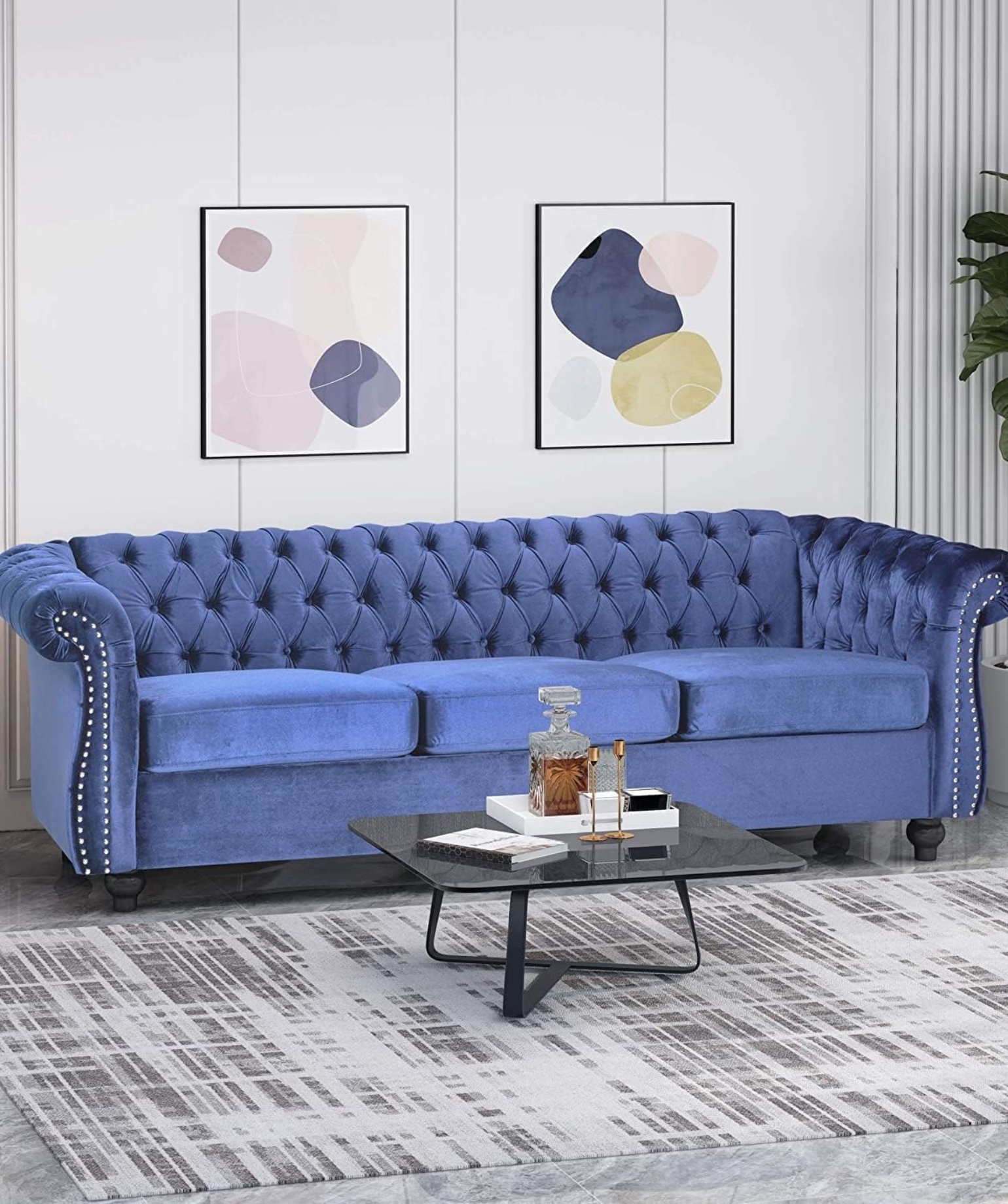 Modern & Classic 3 Seater Fabric & Valvet Tufted Chesterfield Sofa (Light Blue) - Image 8