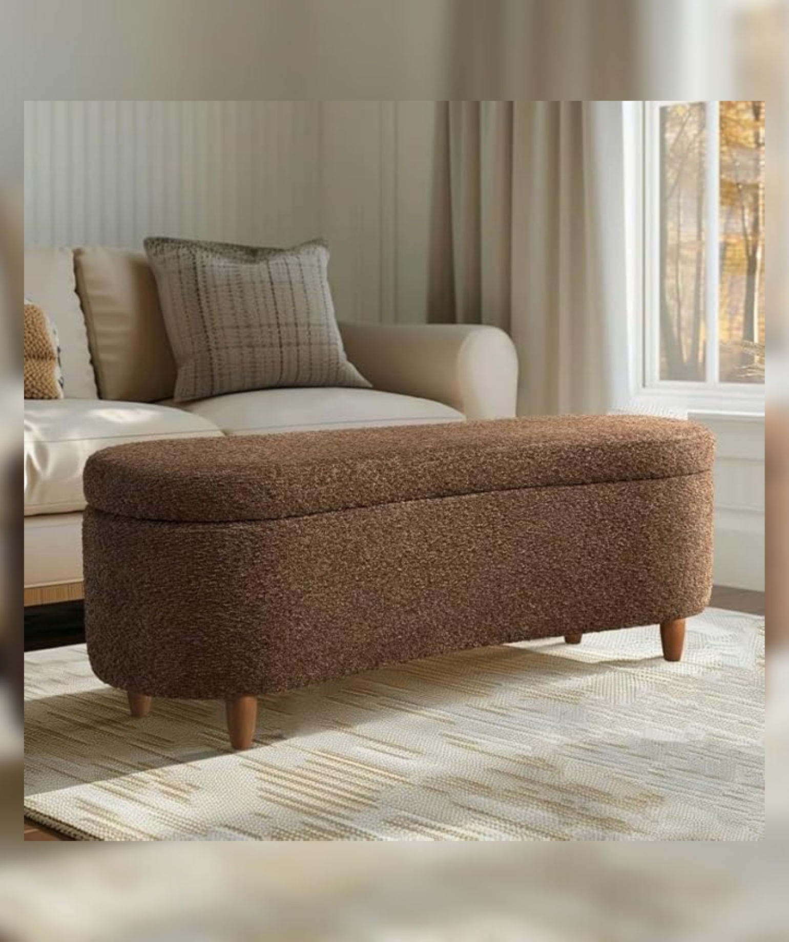 Mid-Century Modern Japandi Boucle Fabric Storage Bench Ottoman (Brown)