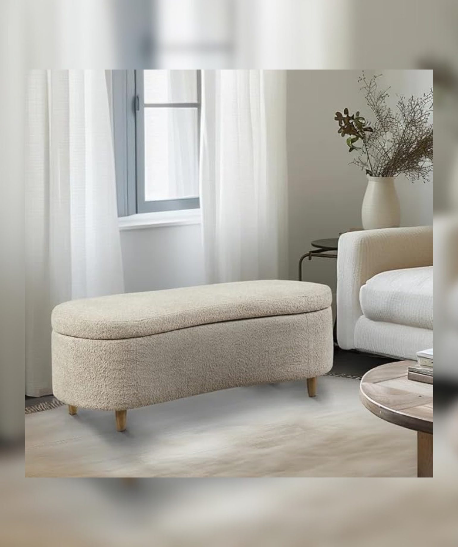 Mid-Century Modern Japandi Boucle Fabric Storage Bench Ottoman (Beige)