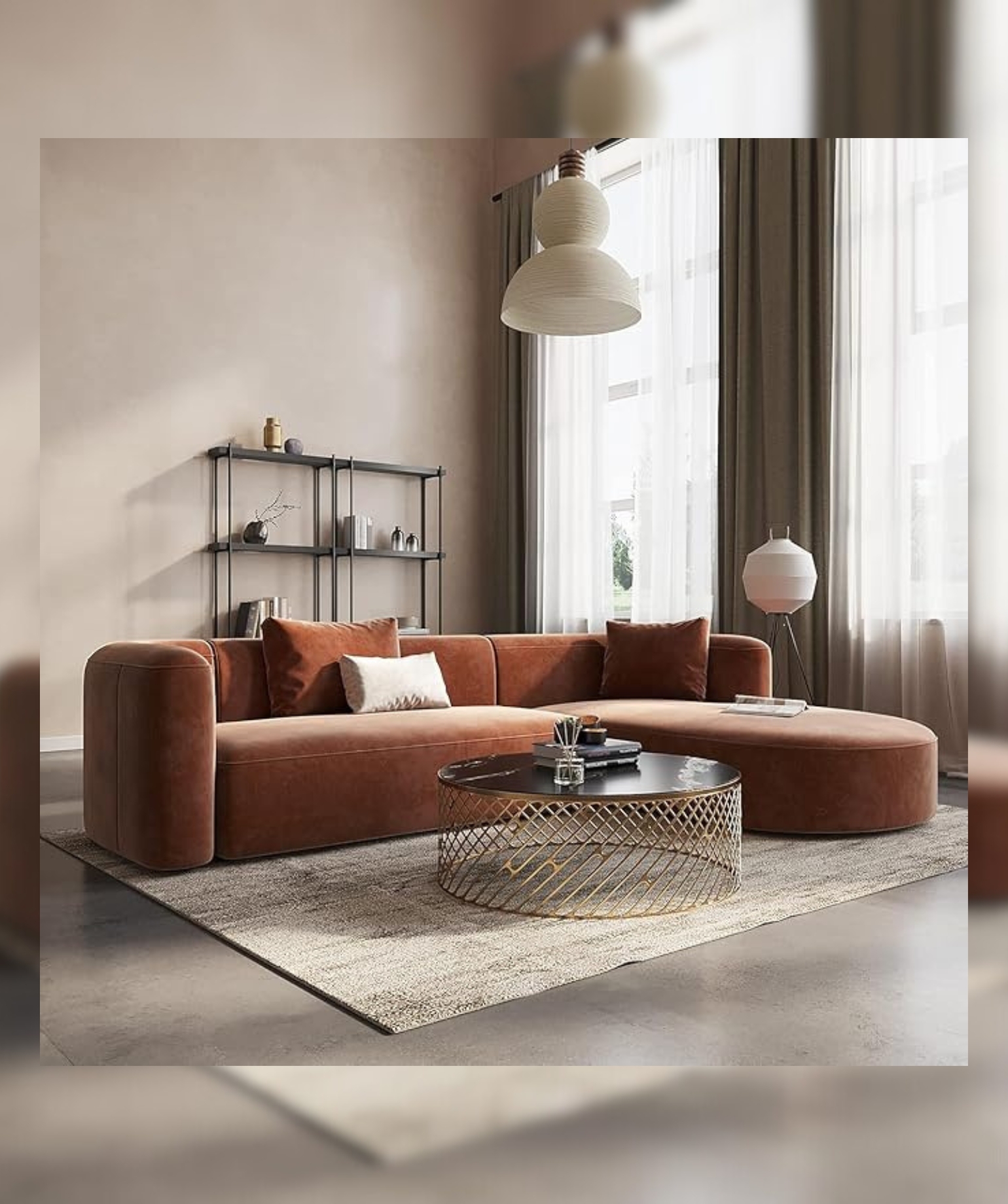 Luxury Modern Tight Curved Back Velvet Sofa (L-Shape Chaise, Brown) - Image 2