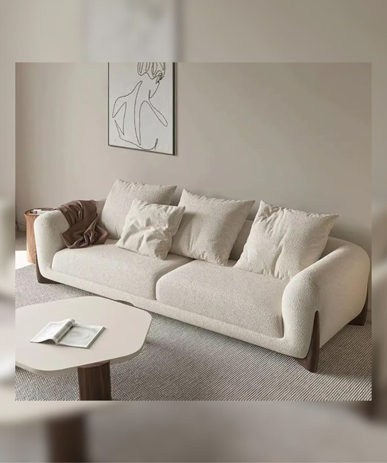 Velvet Contemperory Sofa with Cushion Chaise Lounge Sectional Sofa Set (Boucle Teddy Fabric Sofa, Three Seater)