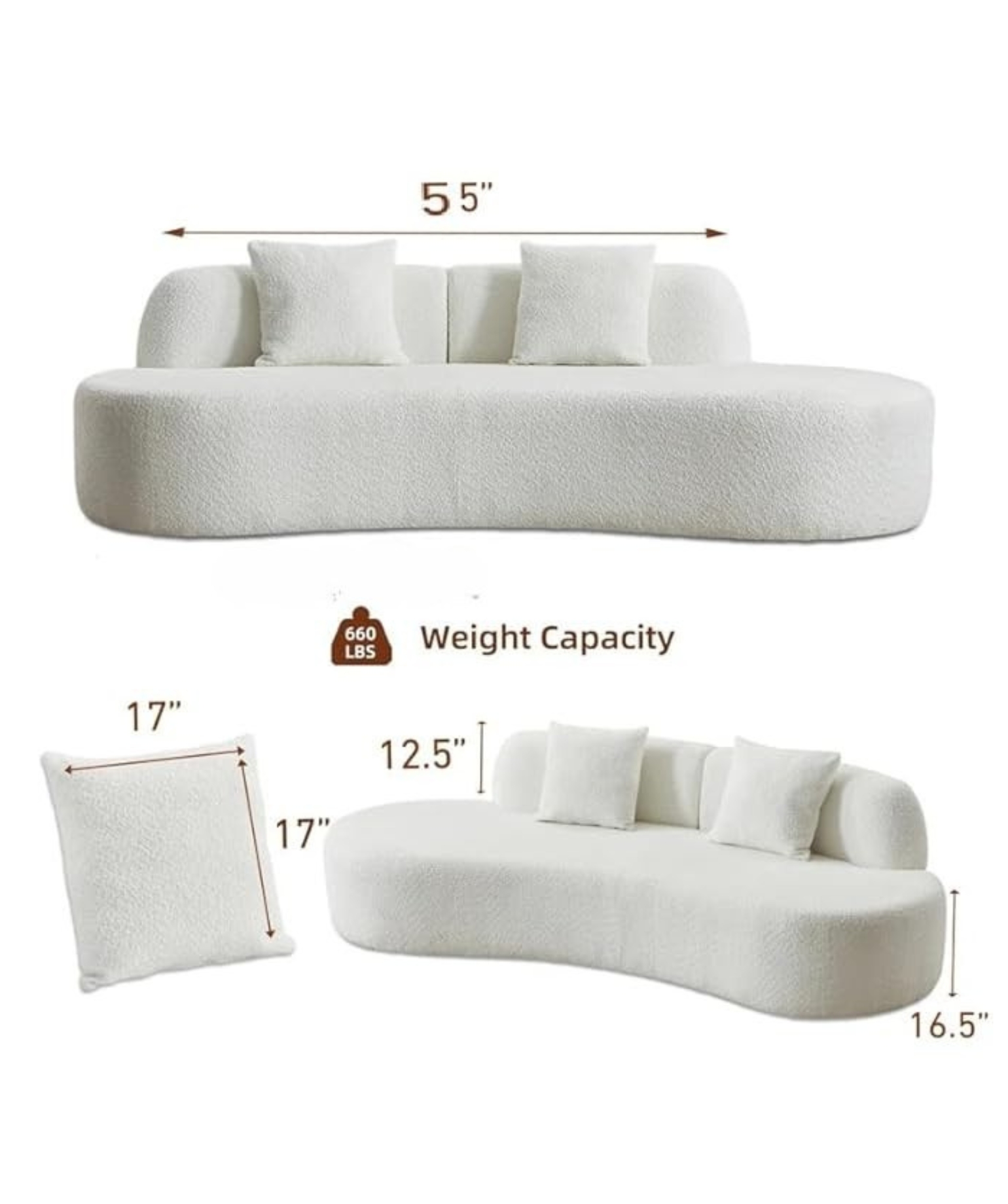 Velvet Contemperory Sofa with Cushion Chaise Lounge Sectional Sofa (Boucle Teddy Fabric White) - Image 2