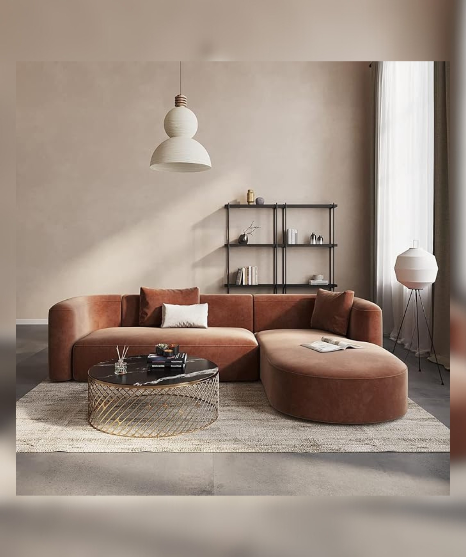 Luxury Modern Tight Curved Back Velvet Sofa (L-Shape Chaise, Brown) - Image 4