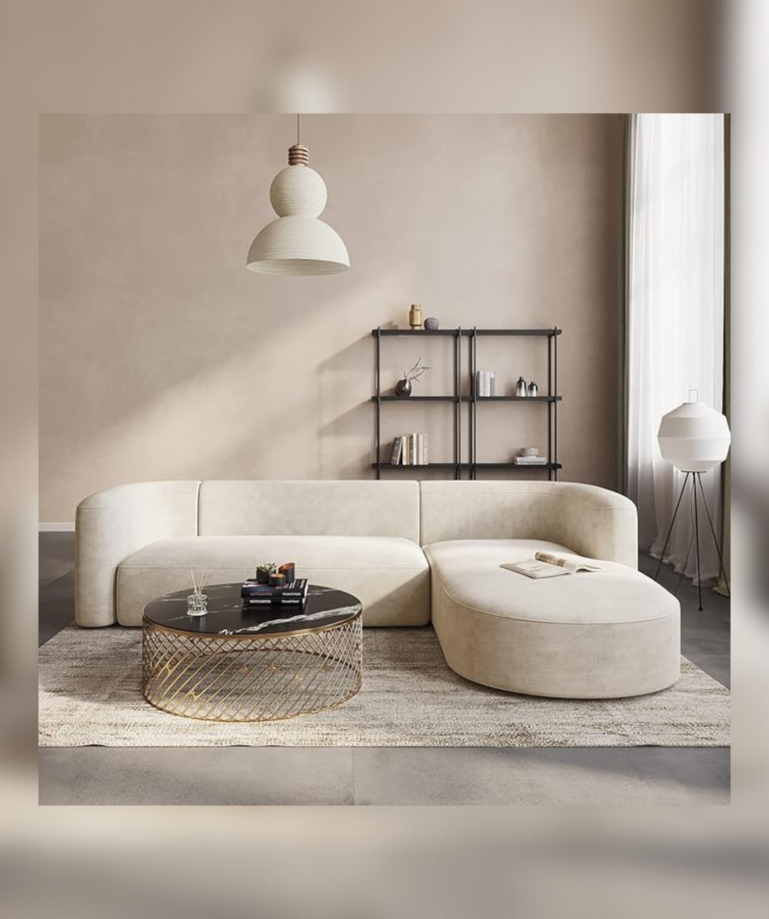 Luxury Modern Tight Curved Back Velvet Sofa (L-Shape Chaise, Cream) - Image 3
