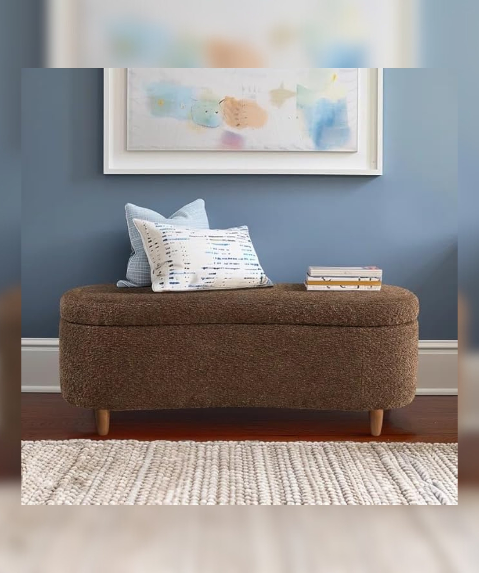 Mid-Century Modern Japandi Boucle Fabric Storage Bench Ottoman (Brown) - Image 3