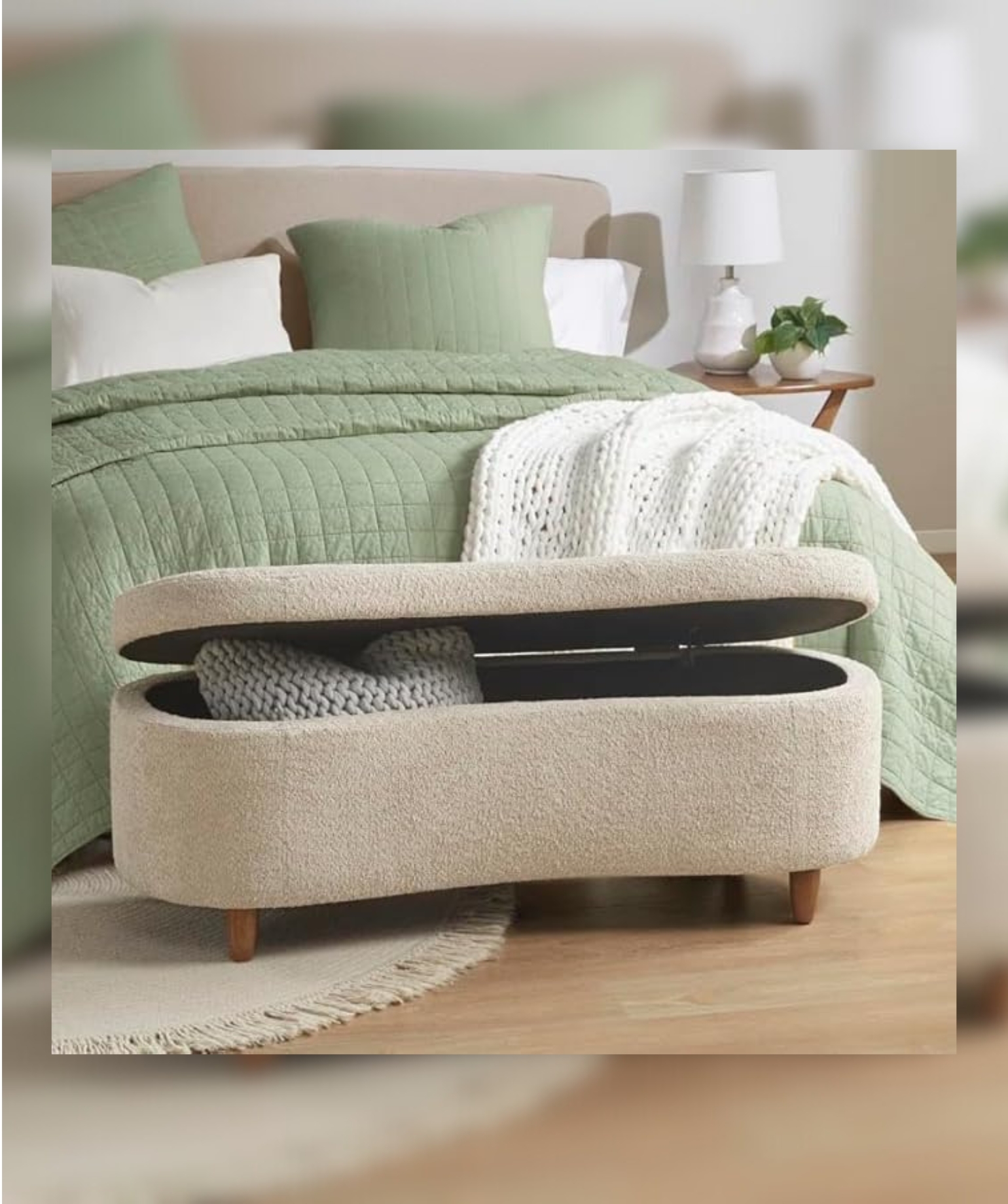 Mid-Century Modern Japandi Boucle Fabric Storage Bench Ottoman (Beige) - Image 3