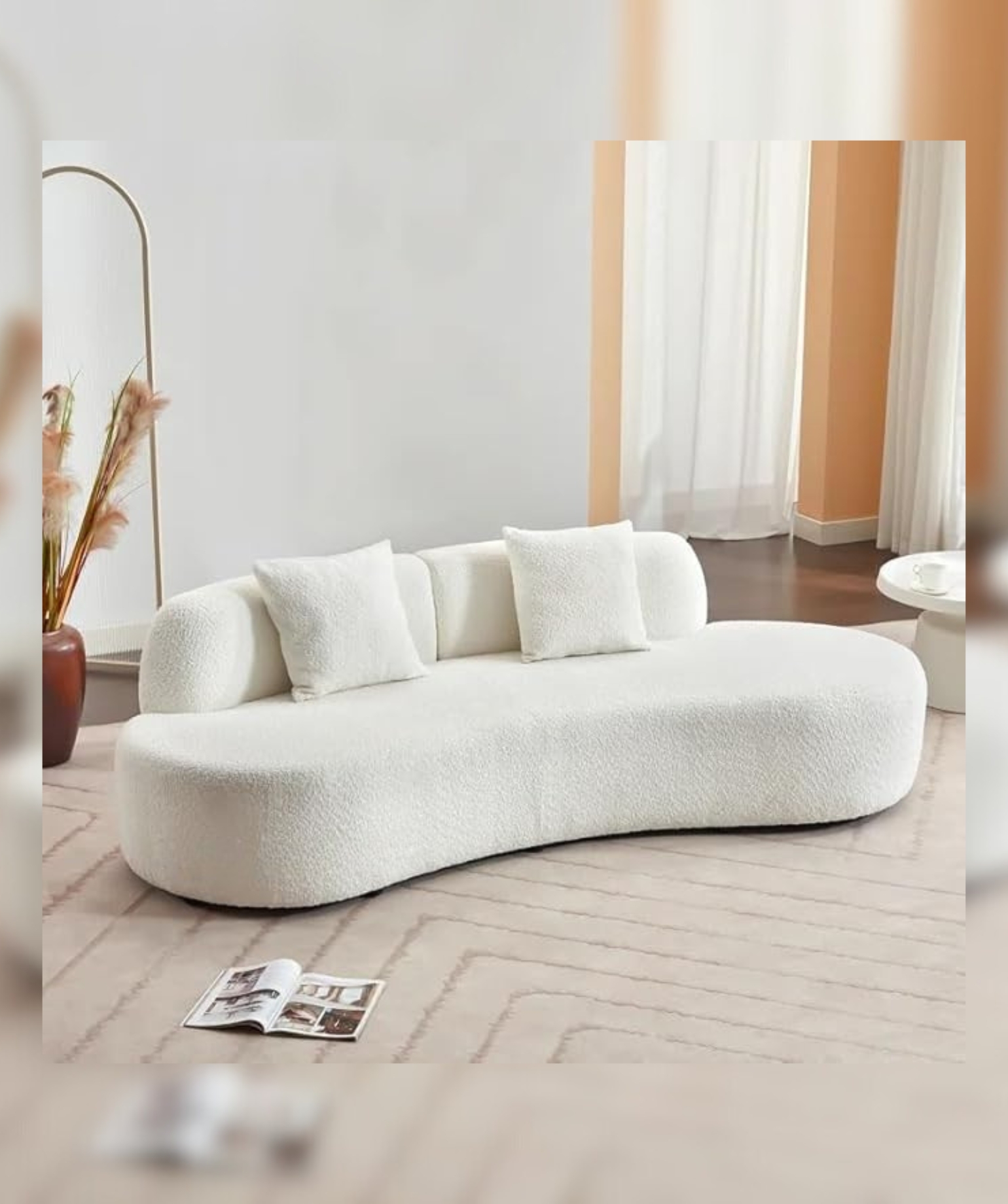 Velvet Contemperory Sofa with Cushion Chaise Lounge Sectional Sofa (Boucle Teddy Fabric White) - Image 4