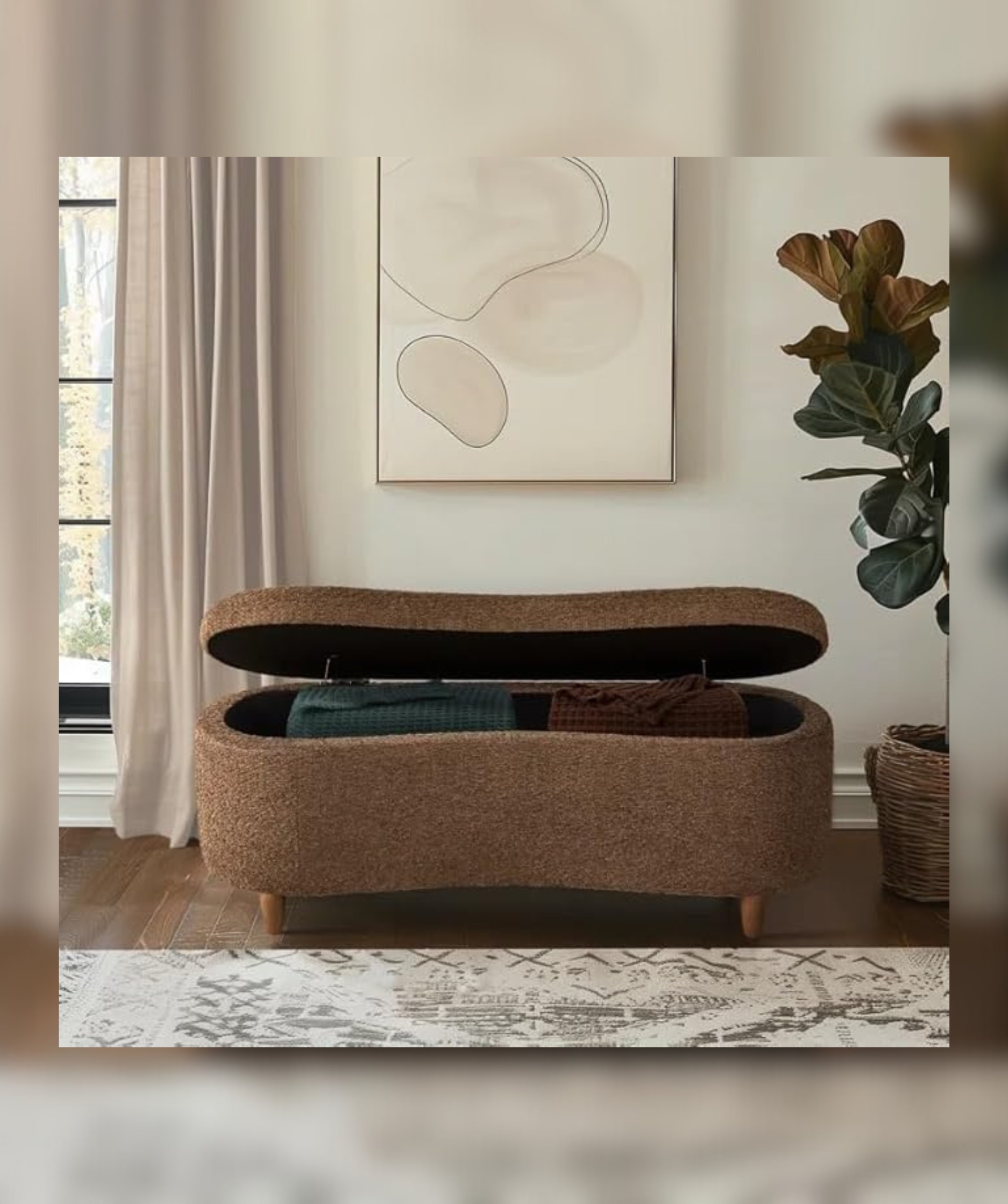 Mid-Century Modern Japandi Boucle Fabric Storage Bench Ottoman (Brown) - Image 4