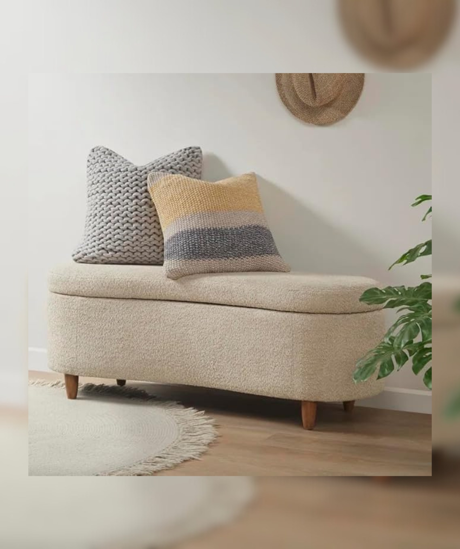 Mid-Century Modern Japandi Boucle Fabric Storage Bench Ottoman (Beige) - Image 4