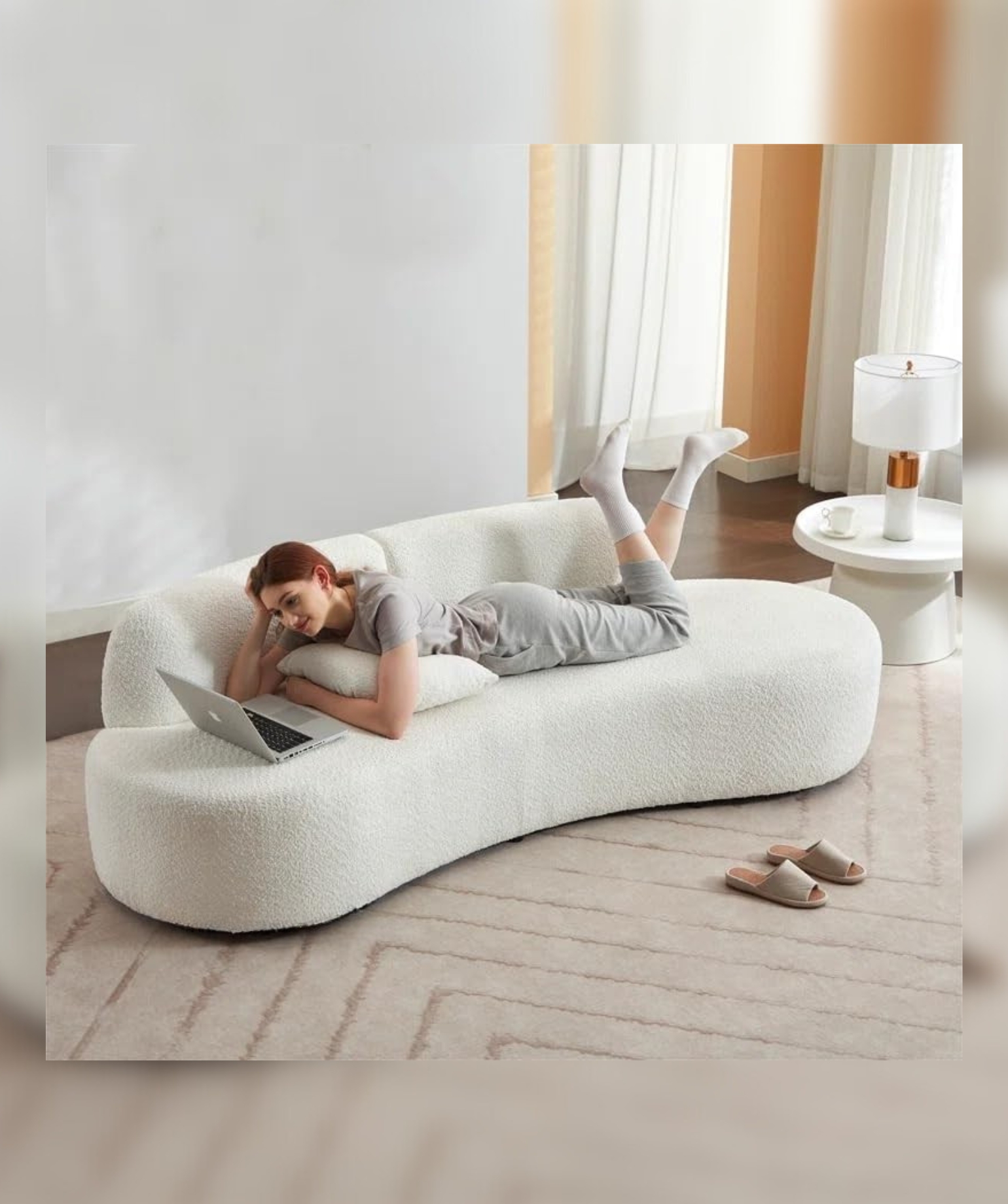 Velvet Contemperory Sofa with Cushion Chaise Lounge Sectional Sofa (Boucle Teddy Fabric White) - Image 5
