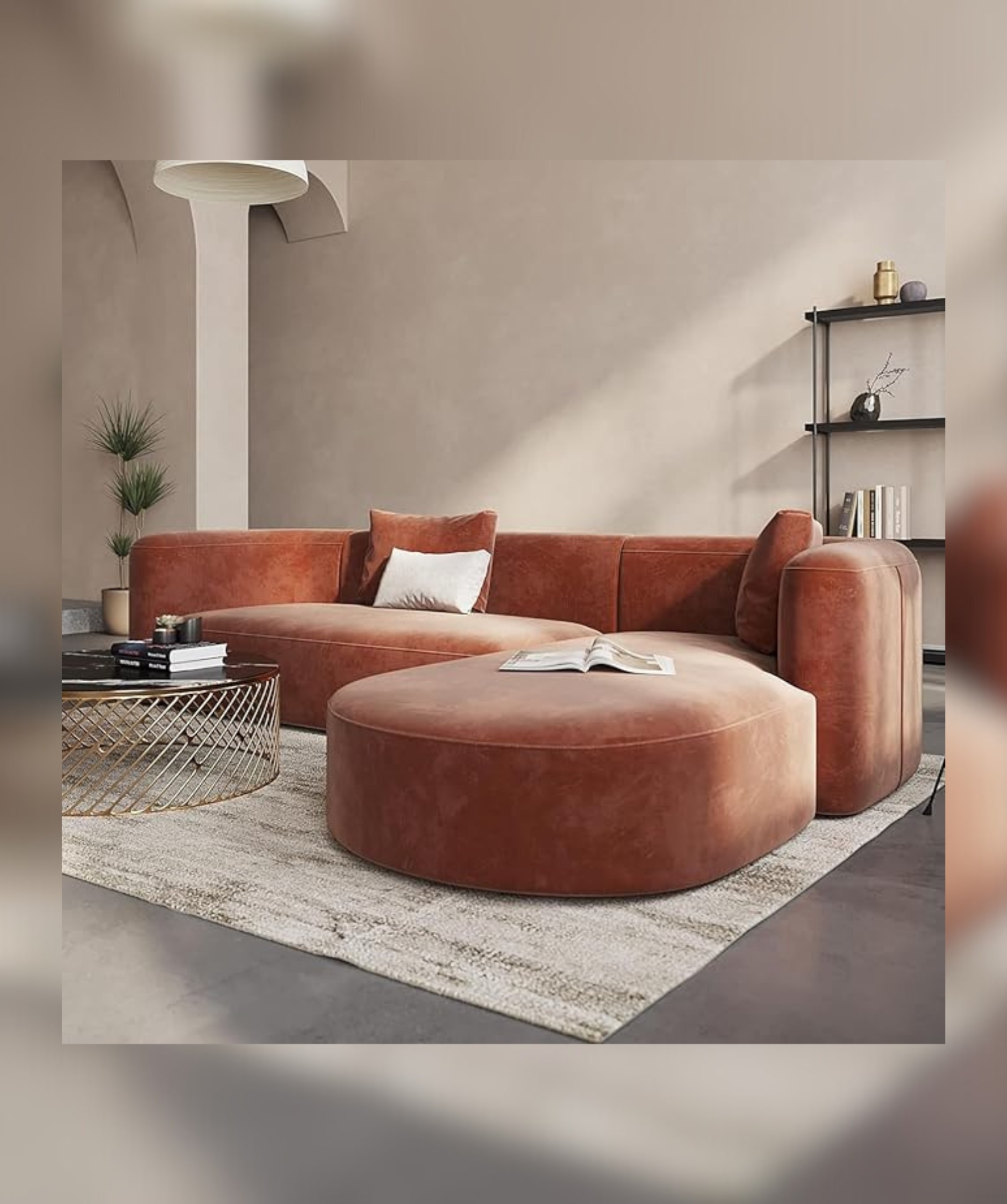 Luxury Modern Tight Curved Back Velvet Sofa (L-Shape Chaise, Brown) - Image 6