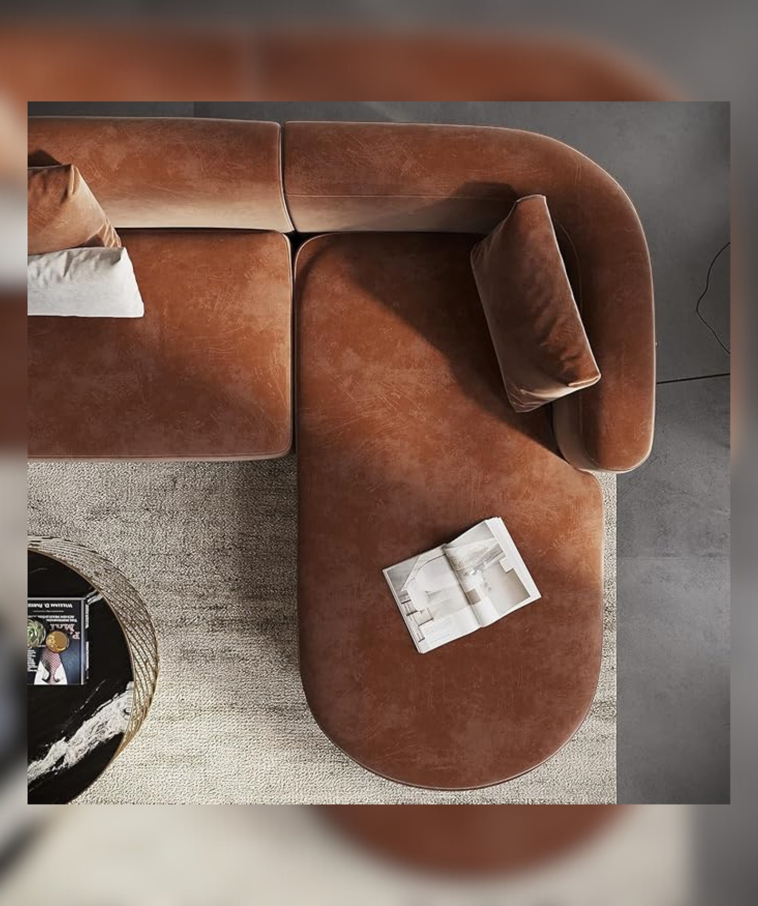 Luxury Modern Tight Curved Back Velvet Sofa (L-Shape Chaise, Brown) - Image 7