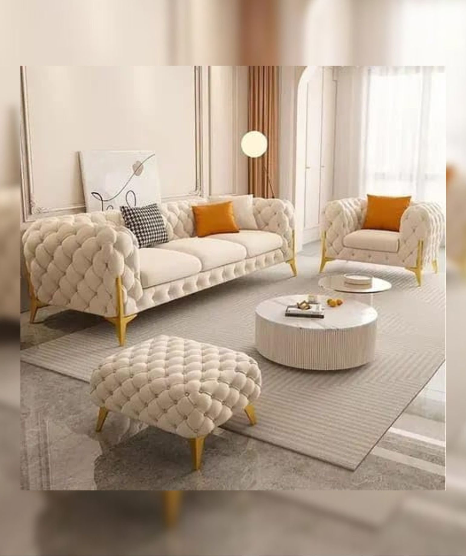 Classic 3+1+1 Puffy 4 Seater Sofa Set Luxury Chesterfield Velvet Sofa in for Home Living Room & Office (Off White)