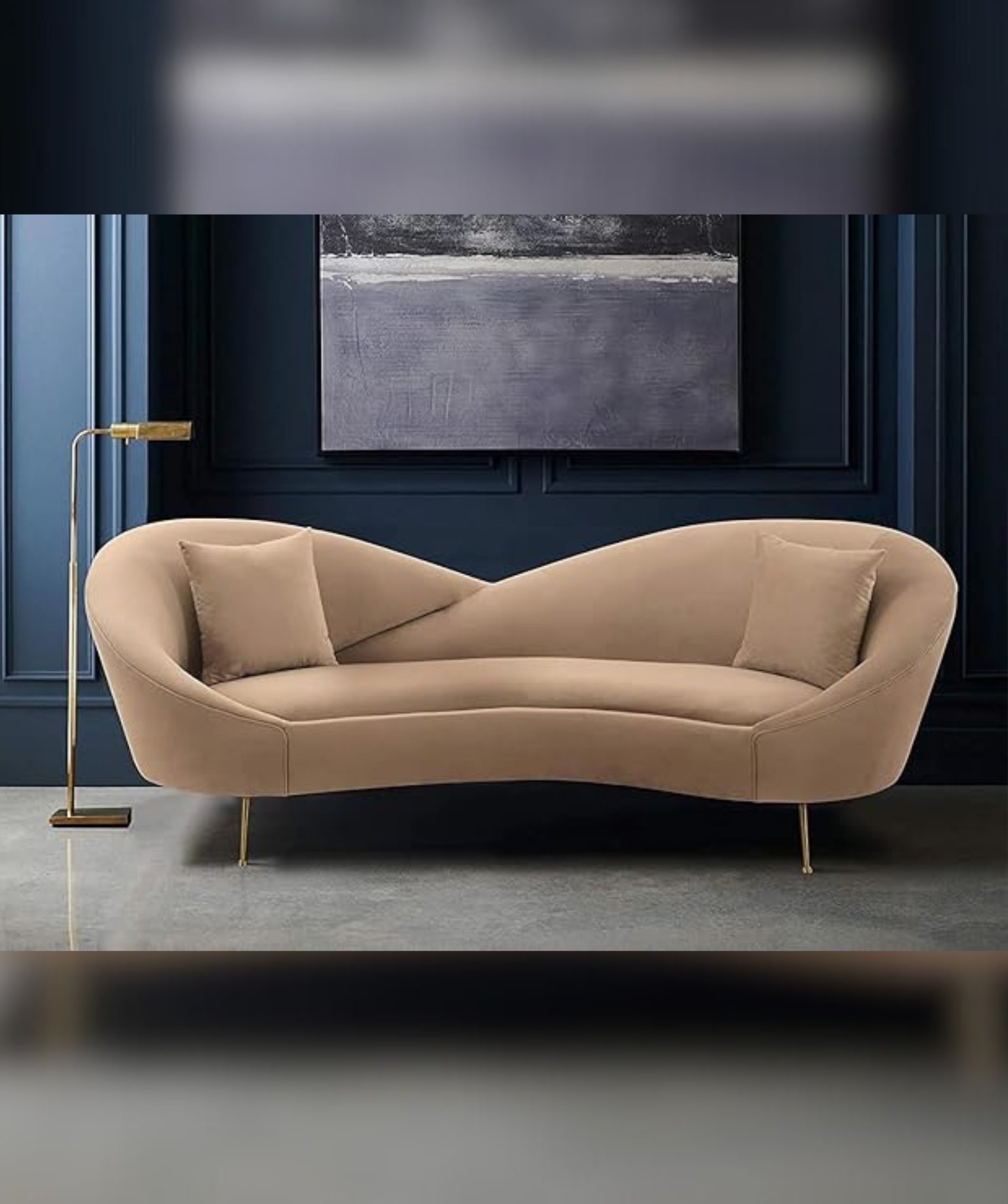 Velvet 3 Seater Sofa with Curved Arms and Ottoman, Orange (Beige)