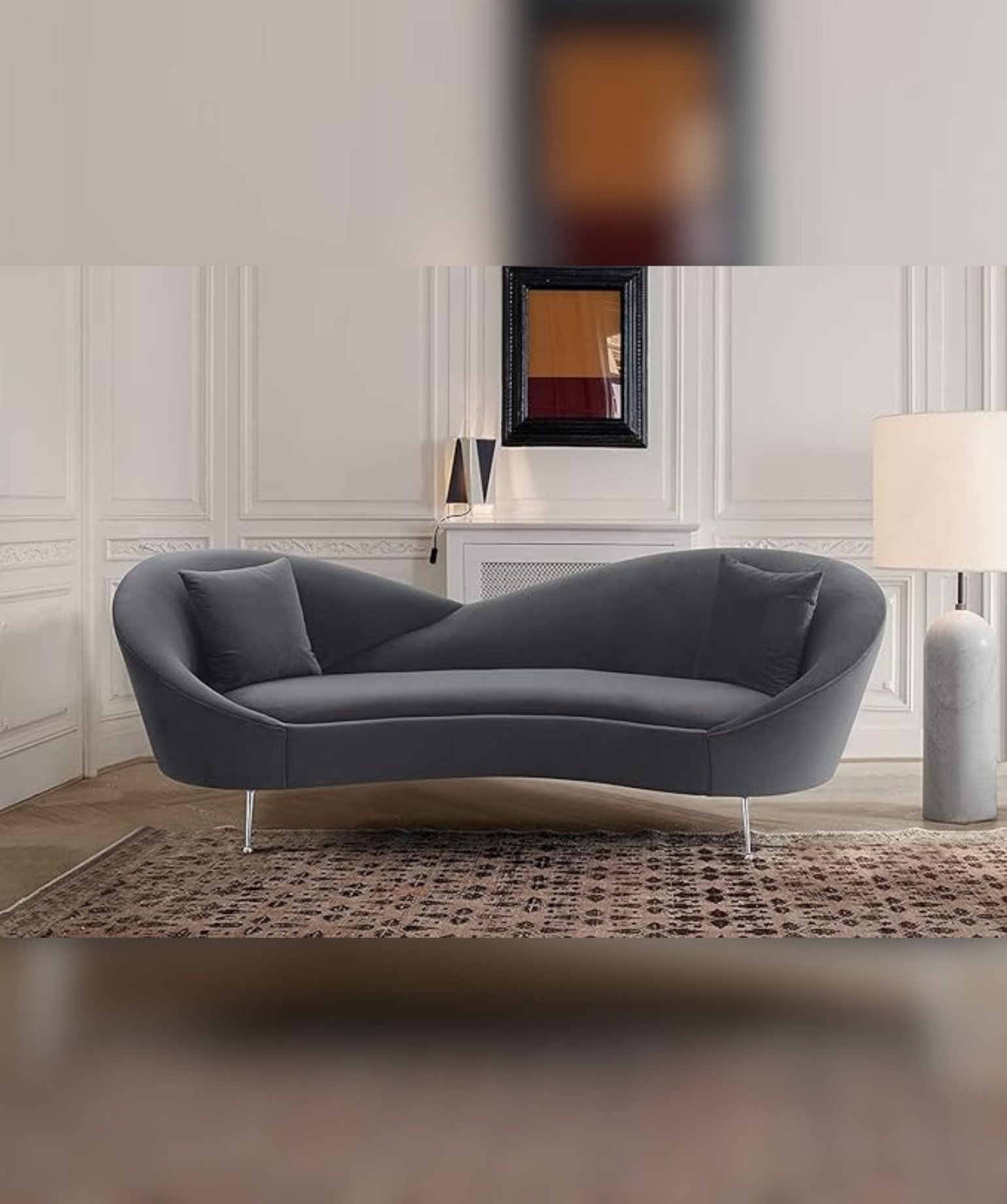 Velvet 3 Seater Sofa with Curved Arms and Ottoman, Orange (Gray)