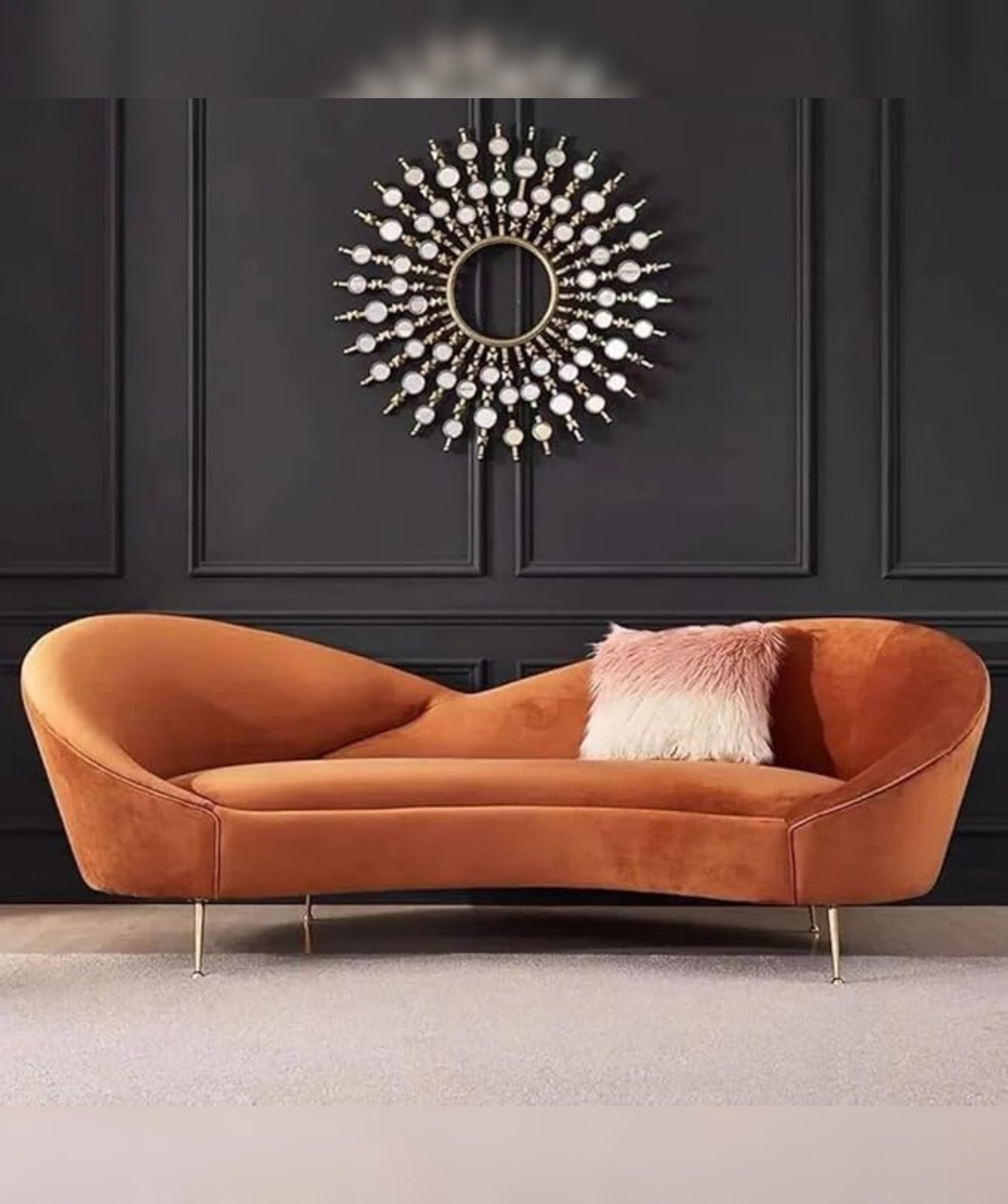 Velvet 3 Seater Sofa with Curved Arms and Ottoman,(Orange)