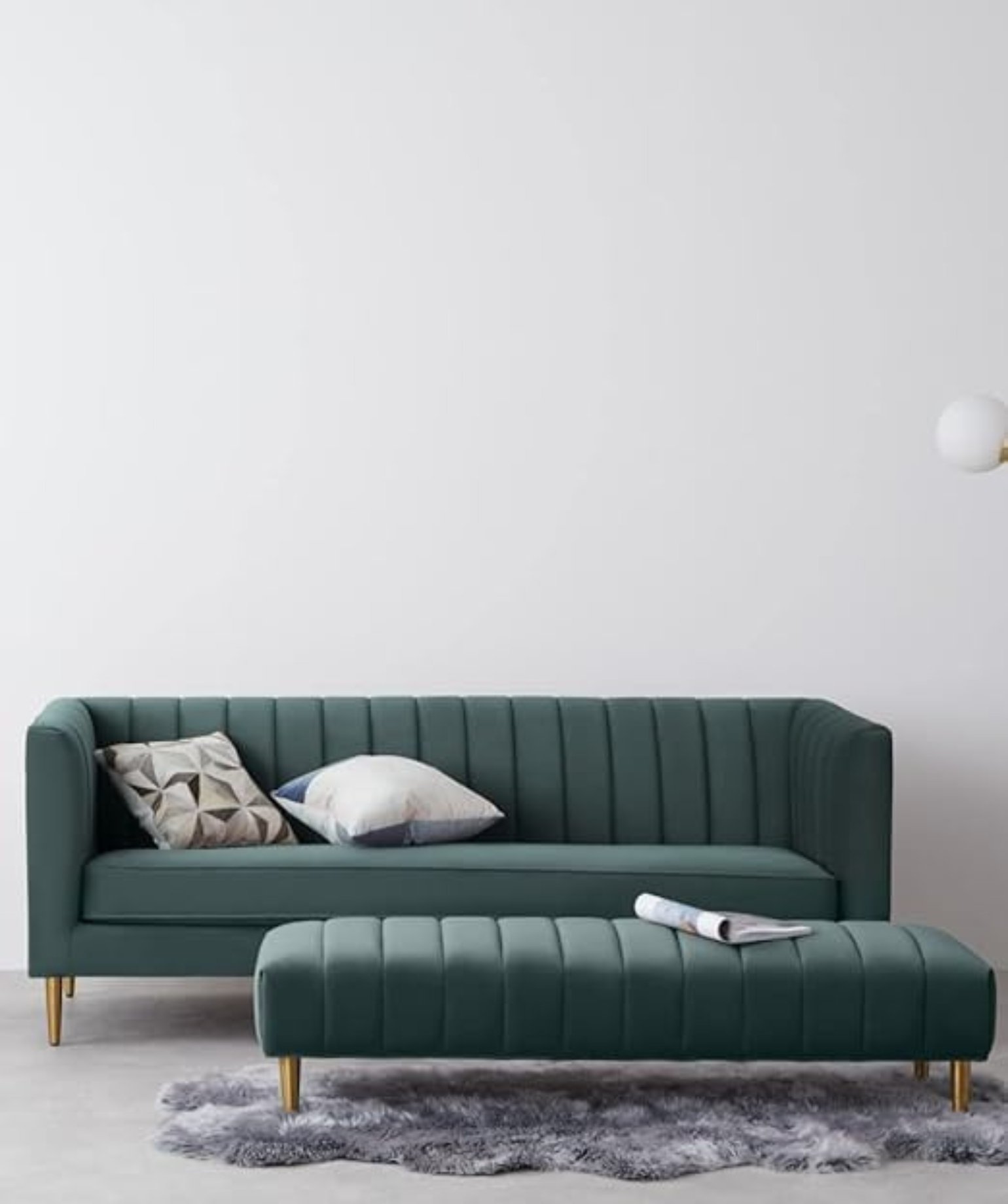 Solid Wood Vorfreude Three Seater Sofa Velvet in Marine Green (204D x 86W x 78H Cm)