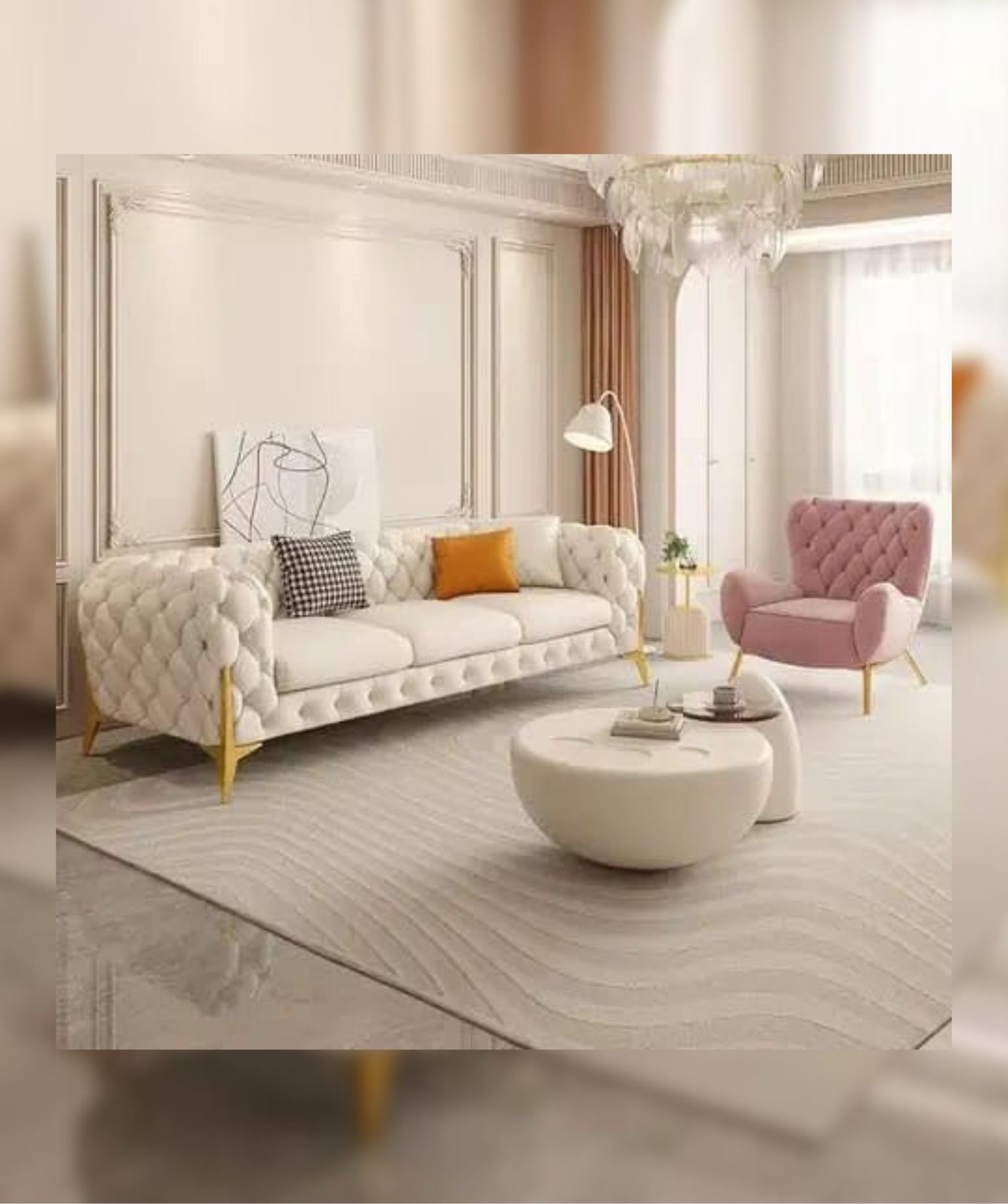 Classic 3+1+1 Puffy 4 Seater Sofa Set Luxury Chesterfield Velvet Sofa in for Home Living Room & Office (Off White) - Image 4