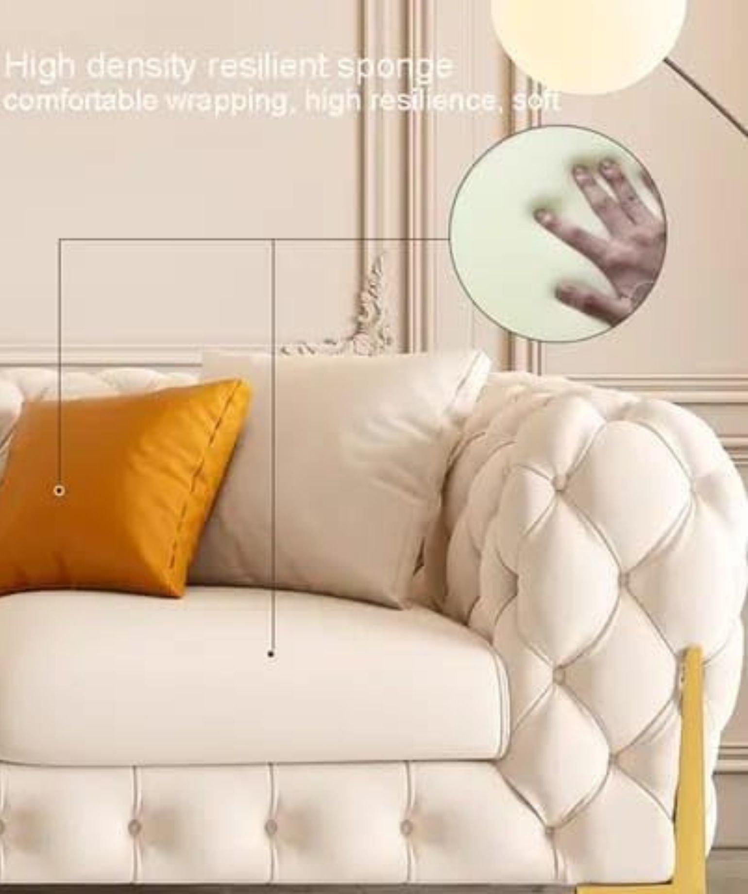 Classic 3+1+1 Puffy 4 Seater Sofa Set Luxury Chesterfield Velvet Sofa in for Home Living Room & Office (Off White) - Image 3