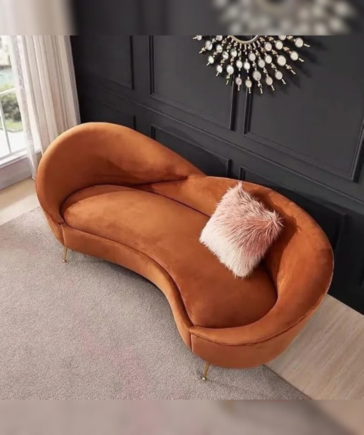 Velvet 3 Seater Sofa with Curved Arms and Ottoman,(Orange) - Image 4