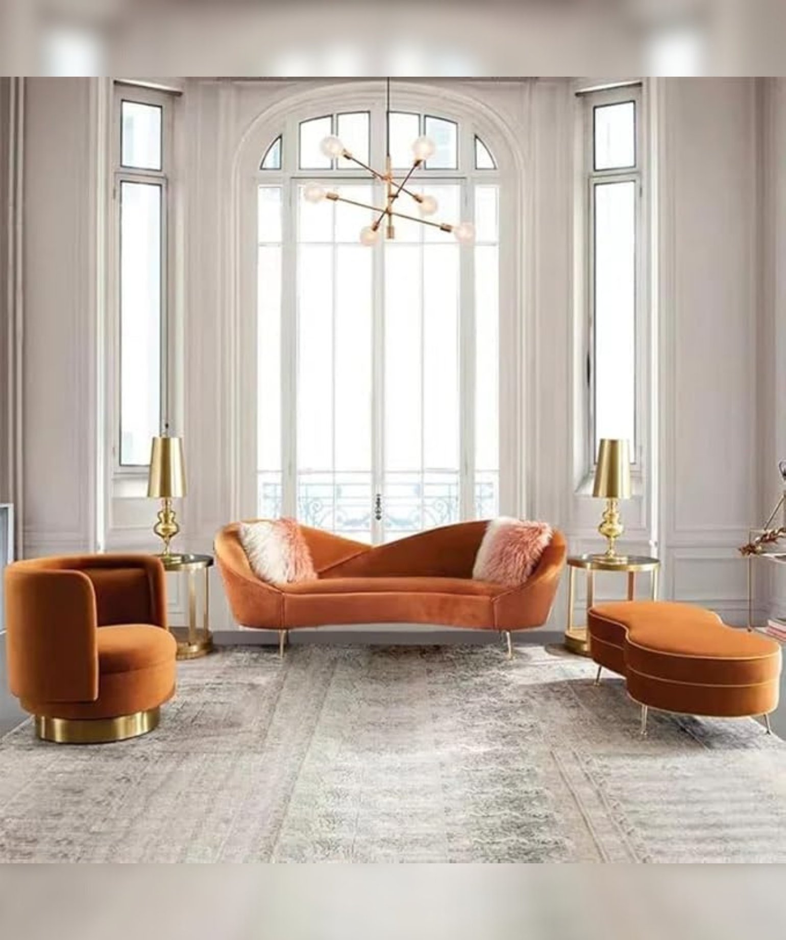 Velvet 3 Seater Sofa with Curved Arms and Ottoman,(Orange) - Image 3